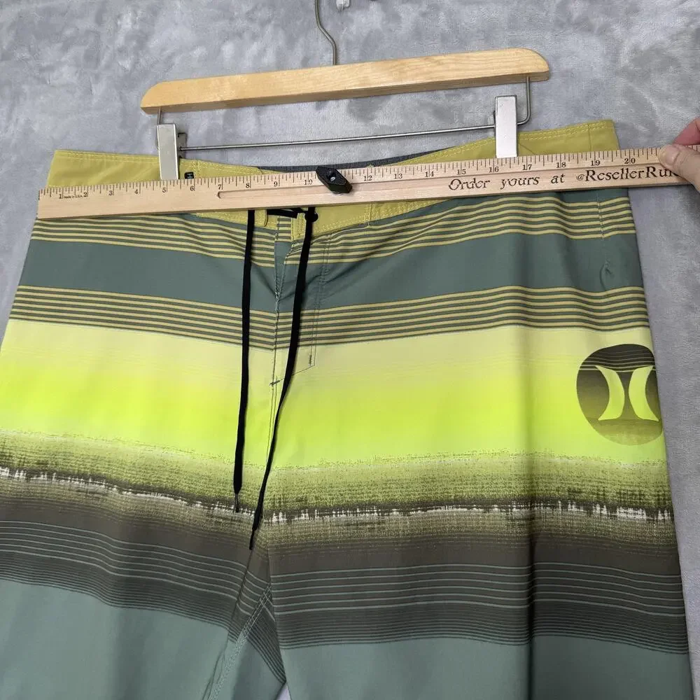 Hurley Phantom Board Shorts Mens 36 Green Yellow Stripe Swim Trunks Surf Pocket